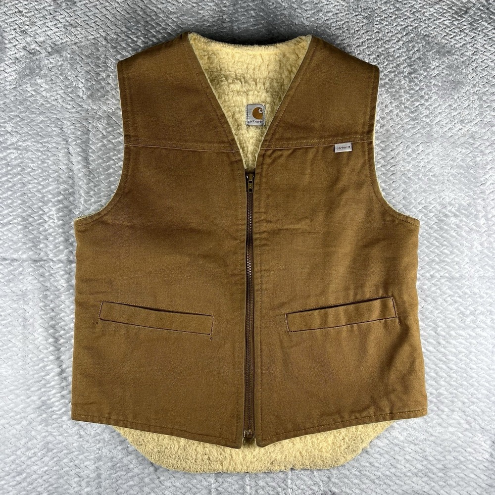 Carhartt Vest Mens M Brown Duck Sherpa Lined USA Made Workwear Zip Vintage 6SV